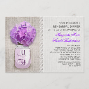 Rustic Burlap Mason Jar Purple Rehearsal Dinner Invitation