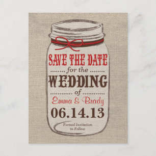 Rustic Burlap & Mason Jar Save the Date Postcard