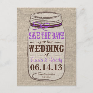 Rustic Burlap & Mason Jar Save the Date Postcard