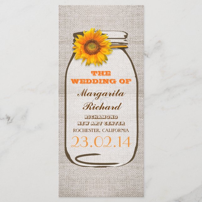 Rustic burlap mason jar sunflower wedding programs programme (Front)
