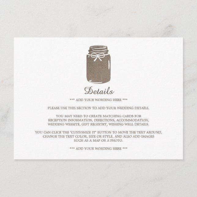 Rustic Burlap Mason Jar Wedding Detail Enclosure Card (Front)