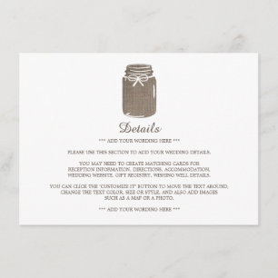 Rustic Burlap Mason Jar Wedding Detail Enclosure Card