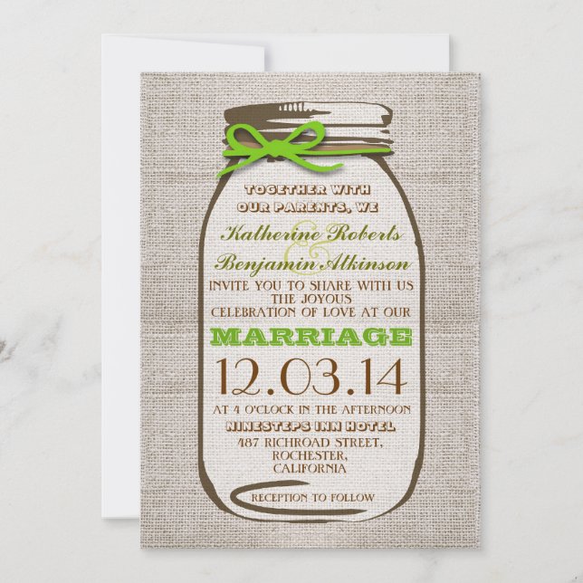 Rustic Burlap Mason Jar Wedding Invitation (Front)