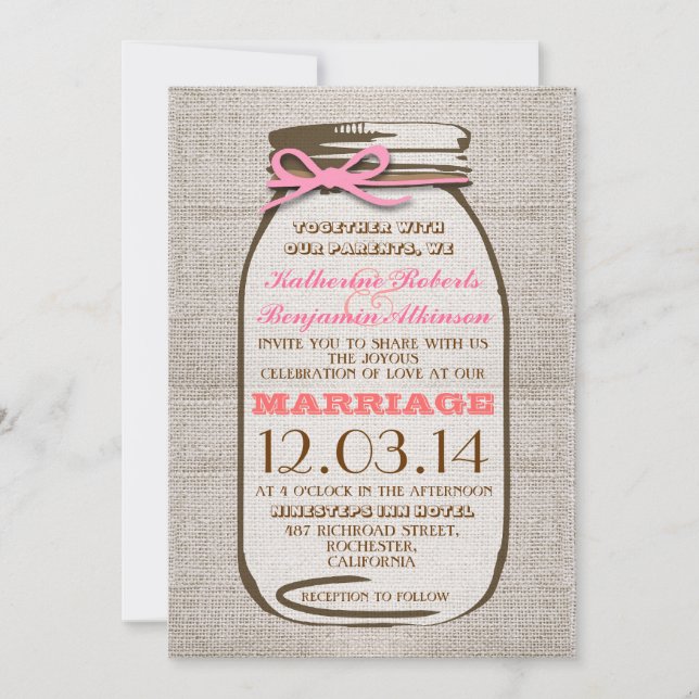 Rustic Burlap Mason Jar Wedding Invitation (Front)