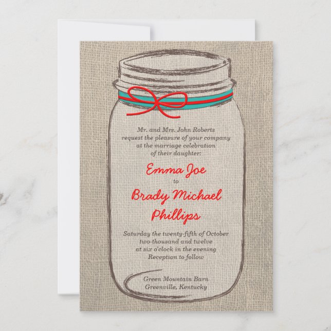 Rustic Burlap & Mason Jar Wedding Invitation (Front)
