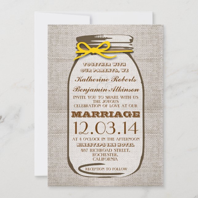 Rustic Burlap Mason Jar Wedding Invitation (Front)