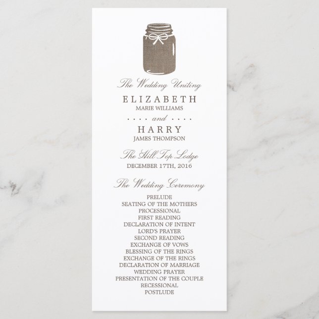 Rustic Burlap Mason Jar Wedding Program Programme (Front)