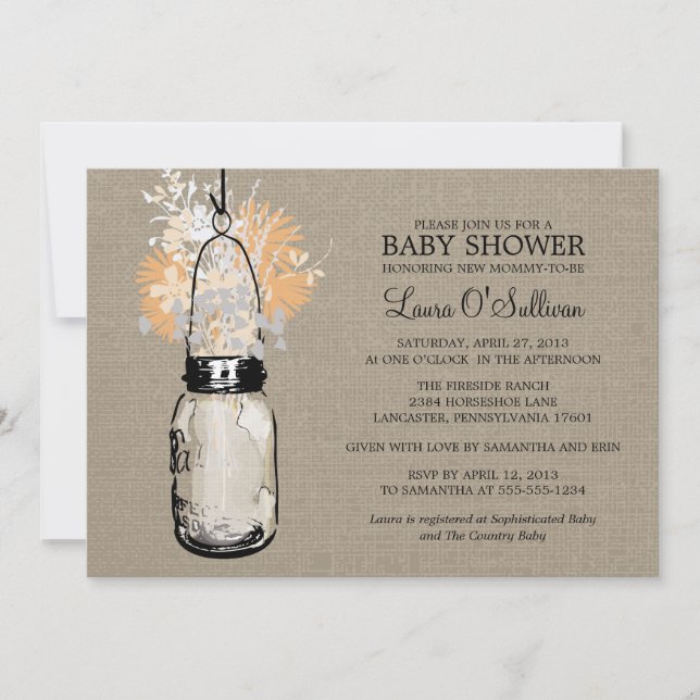 Rustic Burlap Mason Jar Wildflowers Baby Shower Invitation (Front)