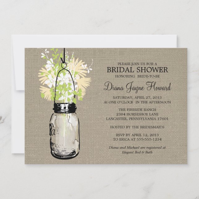 Rustic Burlap Mason Jar Wildflowers Bridal Shower Invitation (Front)