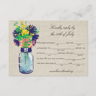 Rustic Burlap Mason Jar & Wildflowers RSVP Lib Card