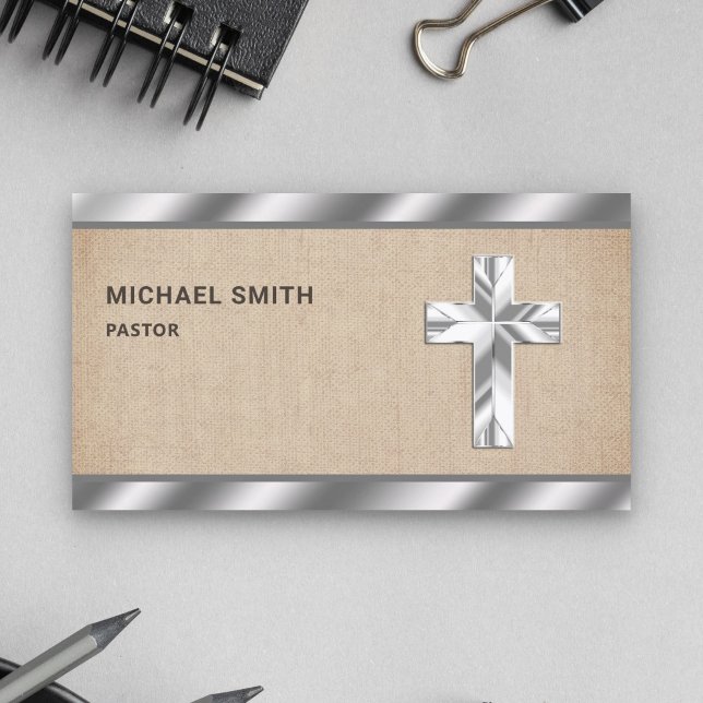 Rustic Burlap Metallic Jesus Christ Cross Pastor Business Card (Creator Uploaded)