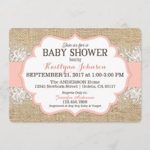 Rustic Burlap Modern Lace Coral Girl Baby Shower Invitation