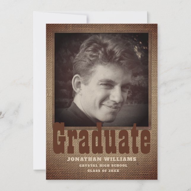Rustic Burlap Modern Script Photo Graduation Announcement (Front)