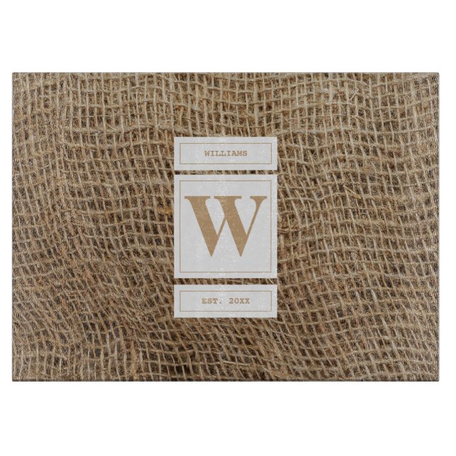 Rustic Burlap Monogram Initial Cutting Board (Front)