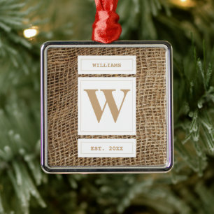 Rustic Burlap Monogram Initial Metal Tree Decoration