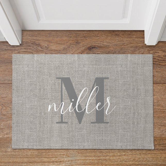 Rustic Burlap Monogrammed Family Name Doormat (Creator Uploaded)