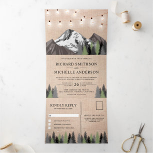 Rustic Burlap Mountain Forest String Light Wedding Tri-Fold Invitation