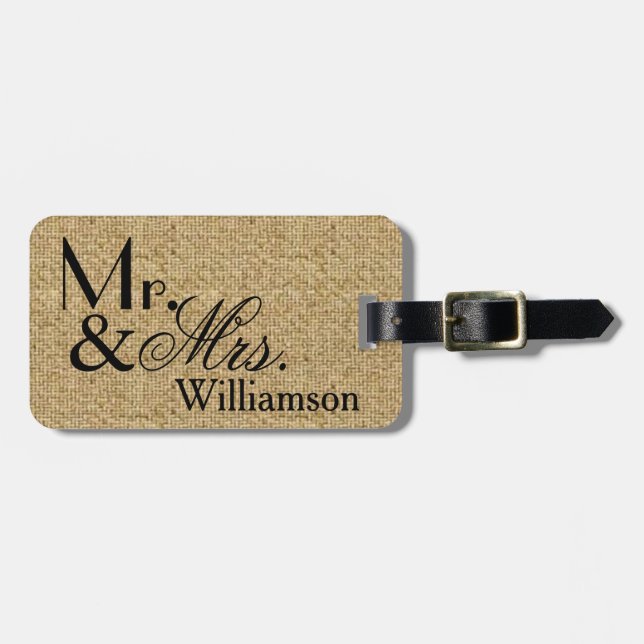 Rustic Burlap Mr and Mrs Travel Luggage Tag (Front Horizontal)