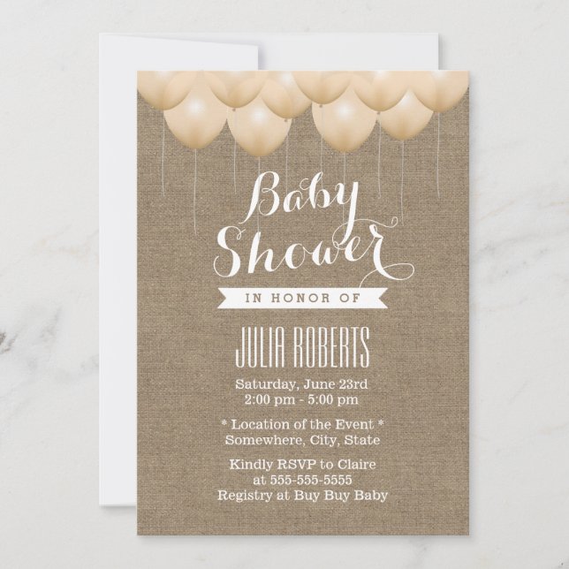 Rustic Burlap & Neutral Balloons Baby Shower Invitation (Front)