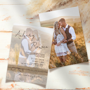 Rustic Burlap Pampass Grass Eco Boho Photo Wedding Invitation