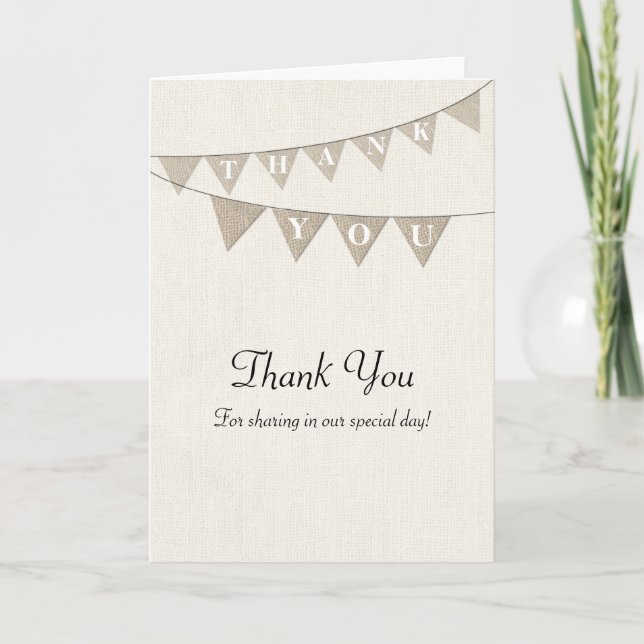 Rustic Burlap Pennant Thank You Card (Front)