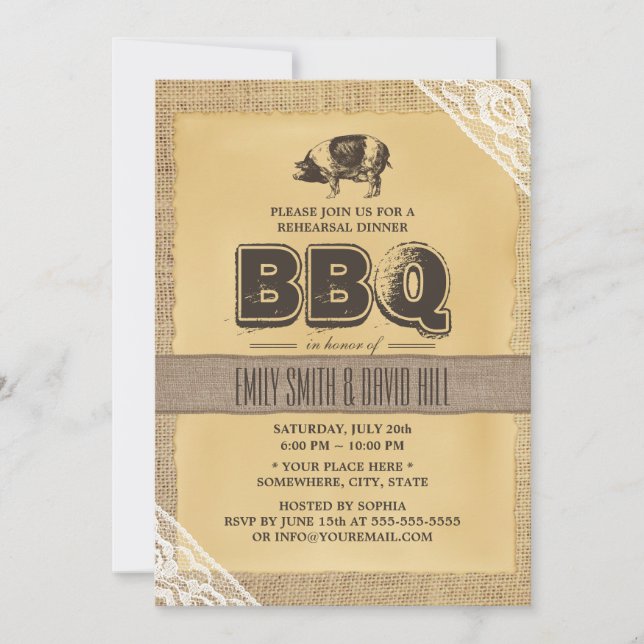 Rustic Burlap Pig Roast BBQ Rehearsal Dinner Invitation (Front)