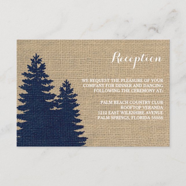 Rustic Burlap Pine Trees Winter Reception Card (Front)
