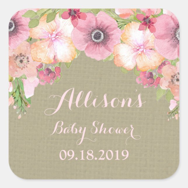 Rustic Burlap Pink Floral Baby Shower Tag (Front)