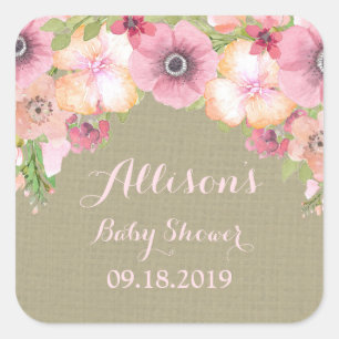 Rustic Burlap Pink Floral Baby Shower Tag
