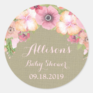 Rustic Burlap Pink Floral Baby Shower Tag
