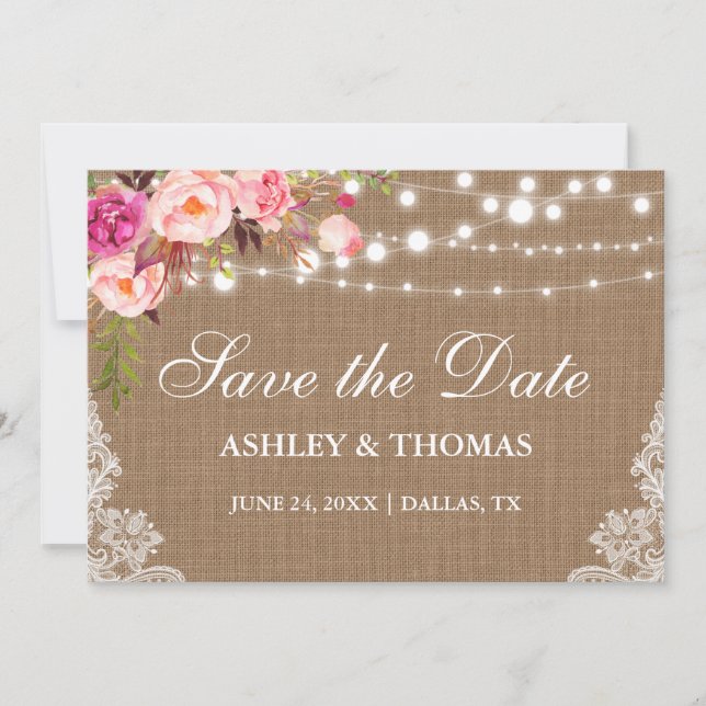 Rustic Burlap Pink Floral Lace Save the Date (Front)