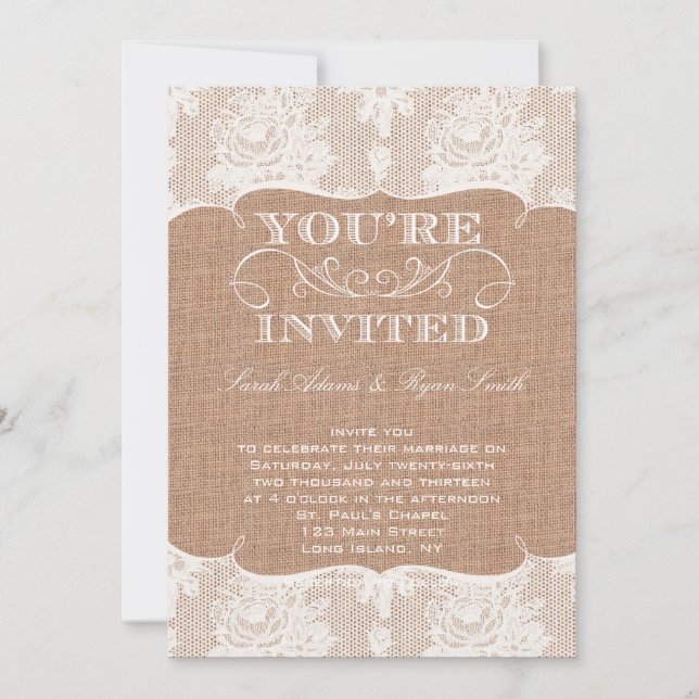 Rustic Burlap Print & Lace Wedding Invitation (Front)