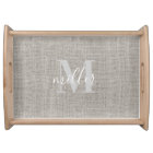 Rustic Burlap Print Monogram Family Name Wood