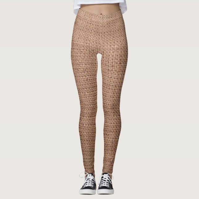 Rustic Burlap Print Pattern Leggings (Front)