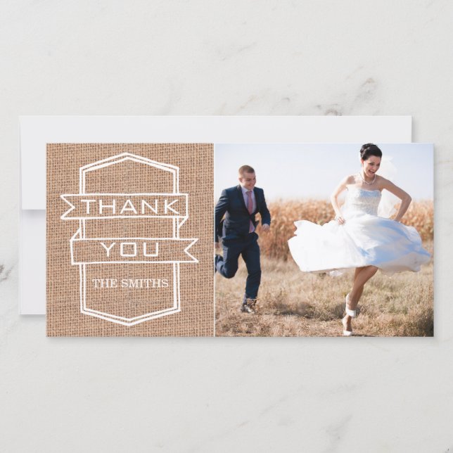 Rustic Burlap Print Wedding Photo Thank You Cards (Front)
