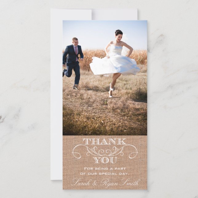 Rustic Burlap Print Wedding Thank You Photo Cards (Front)