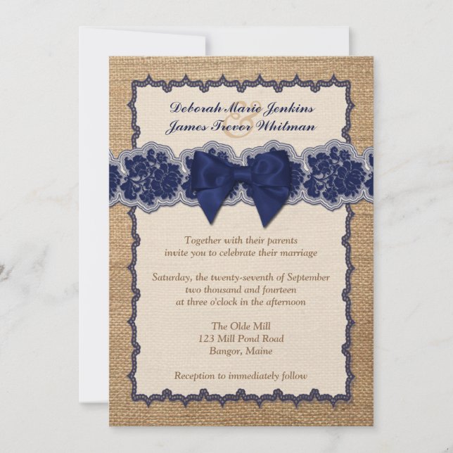 Rustic Burlap, PRINTED Lace, Bow Wedding Invite 2 (Front)