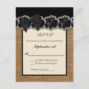Rustic Burlap, PRINTED Lace, Bow Wedding RSVP Card
