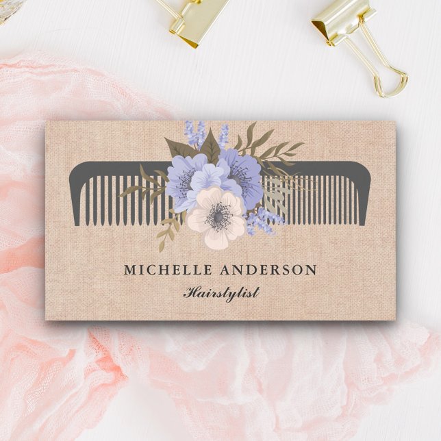 Rustic Burlap Purple Floral Comb Hairstylist Business Card (Creator Uploaded)