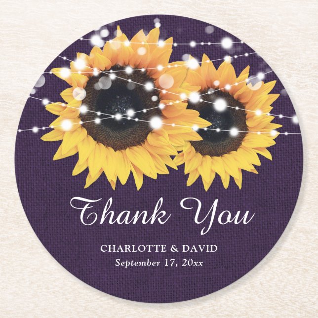 Rustic Burlap Purple Sunflower Wedding Round Paper Coaster (Front)