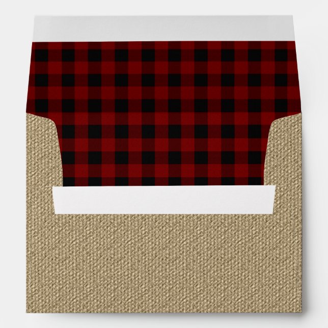 Rustic Burlap | Red Black Buffalo Checks Pattern Envelopes (Back (Bottom))