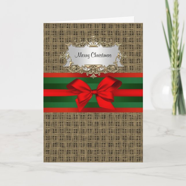 Rustic Burlap Red Green Bow Ribbon Holiday Card (Front)