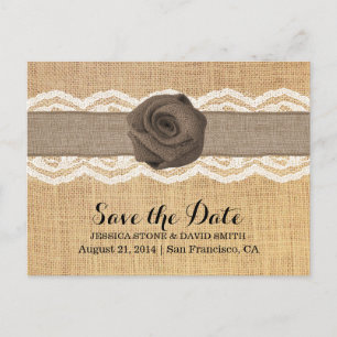Rustic Burlap Rose & Ribbon Lace Save the Date Announcement Postcard