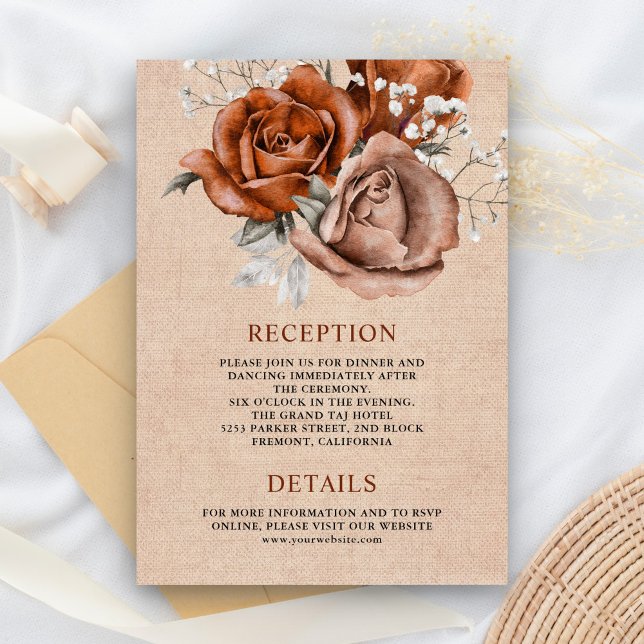 Rustic Burlap Rose Terracotta Wedding Details Enclosure Card (Creator Uploaded)