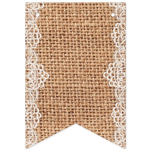 Rustic Burlap Sack with White Lace. Bunting (First Flag)