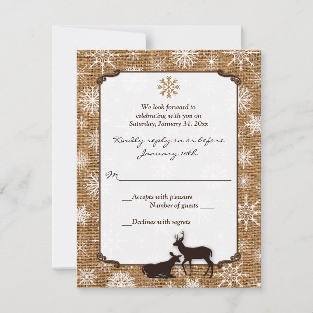Rustic Burlap, Snowflakes and Deer Wedding RSVP Invitation (Front)