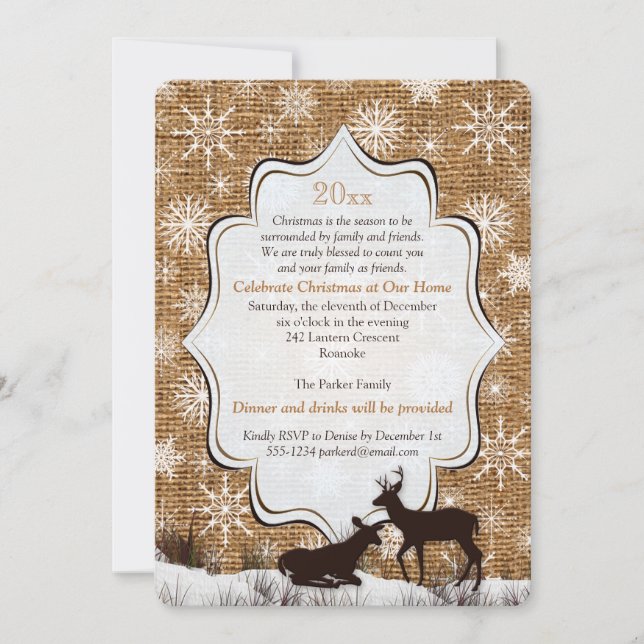 Rustic Burlap Snowflakes Deer Holiday Party Invite (Front)