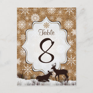 Rustic Burlap, Snowflakes, Deer Table Number Card