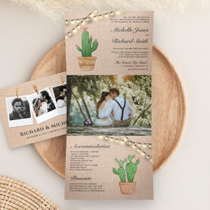 Rustic Burlap String Lights Desert Cactus Wedding Tri-Fold Invitation