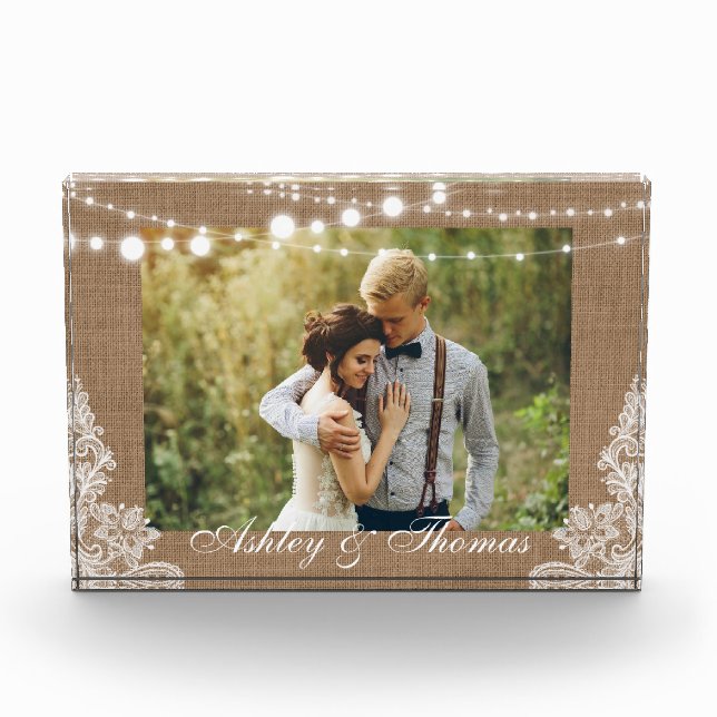 Rustic Burlap String Lights Lace Wedding Photo Block (Front)